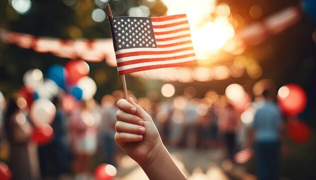 hand holding the American flag. The background is blurred to focus on the hand and the flag
