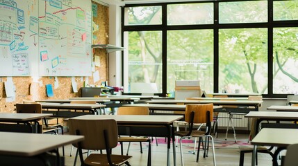 Classroom with Large Windows and Whiteboard for Notes in a Modern School
