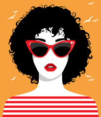 1496_Beautiful woman with black curly hair and cat-eye red sunglasses