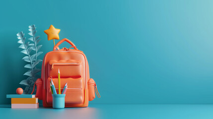 Back to School with backpack and accessories and supplies on blue background. 