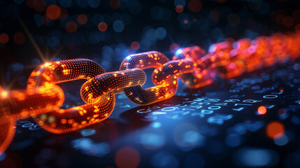 Linked digital chain on blurred surface with binary code numbers. Concept of cybersecurity, blockchain technology, and digital connectivity.