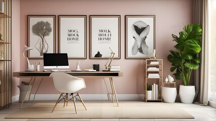 Interior design of a chic home office featuring a desk and books. mock-up frames