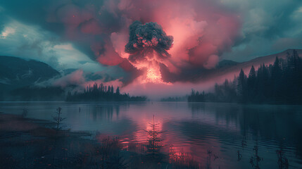 the iconic shape of a pink nuclear smoke explosion seen from a distance