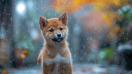 初雪の町で寂しそうな柴犬の子犬。A Shiba Inu puppy looking lonely in a town during the first snowfall.Generative AI