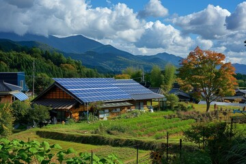 Obraz premium 田舎の家の屋根に置かれたソーラーパネル。Solar panels on the roof of a rural house.Generative AI