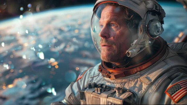 Caucasian male astronaut looking at the earth through the window of a space rocket ship in outer space