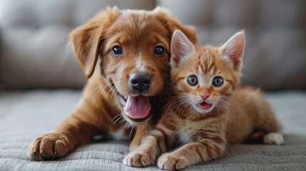 仲良しの子犬と子猫が寄り添ってカメラ目線。A friendly puppy and kitten are huddled together and looking at the camera.Generative AI