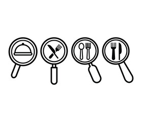 search food with magnifying glass icons symbol vector design black white color illustration sets