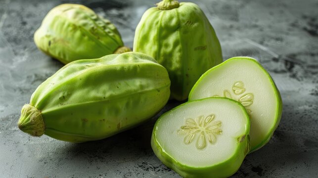 Whole and sliced chayote on a grey surface with room for writing