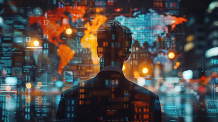 Fototapeta premium A man with short hair, a businessman with different types of currencies from different countries shown in a hologram.