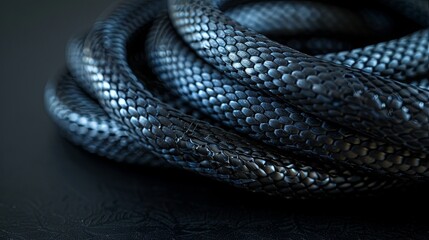 Obraz premium Black cables resembling snake skin, featuring braided wires bundled together against a black backdrop