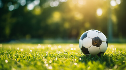 Naklejka premium EM 2024 soccer Football. Soccer Ball on Lush Green Grass with Bokeh Background. Soccer & Sports Concept
