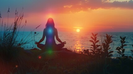 Silhouette of a woman sitting in lotus pose on a beach at sunset, with all seven chakras glowing. Kundalini energy. Girl practicing yoga and meditation outdoors