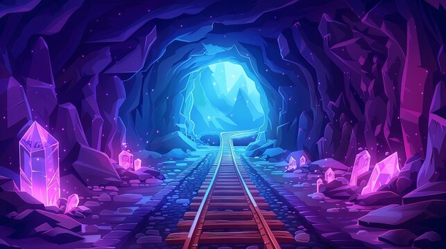 Crystal-filled mine cave cartoon game background. Underground tunnel entrance inside a mountain coal shaft with a railway illustration. Fantasy and mysterious dark corridor scene 