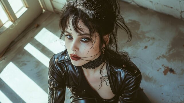 Brunette alternative grunge style woman, fashion and make-up shoot Portrait. Gothic, Goth, Emo, New Wave, Dark style fashion. Dark smokey make-up, red lipstick. Dramatic. Elegant.	