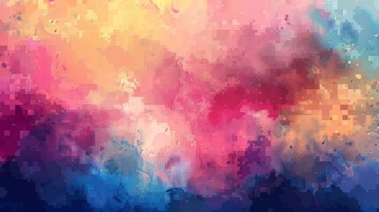 Fototapeta premium Vibrant desktop background featuring a colorful mosaic of traditional watercolor art and digital pixel elements.