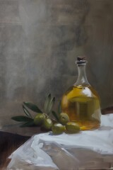 Still life oil painting of olive branch with olive oil in glass bottle, moody farmhouse vintage style wall art, background, wallpaper