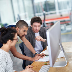 Business people, teamwork and support in office with problem solving notes, solution and advice for...