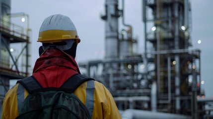 man in a hardhat looking at a refinery