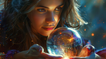 A captivating image of a woman gazing into a mystical crystal ball, evoking mystery and fascination.