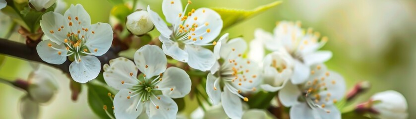 Spring cherry blossoms with white flowers set against a lush green backdrop.