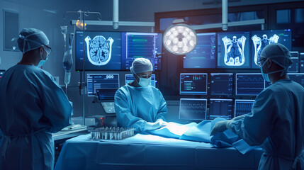 Surgeon performing a precise operation, monitored by human doctors on advanced screens