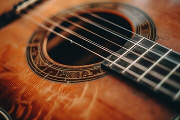 Fototapeta premium Classic Acoustic Guitar Displayed on Vintage Table. Music and Instrument concept