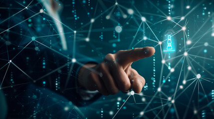 Corporate executive pointing towards a compliance symbol on a digital screen, with a background of interconnected business data nodes.