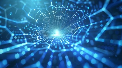 Modernistic fluid landscape featuring bluish interlocking hexagons pulsating with radiant light streams