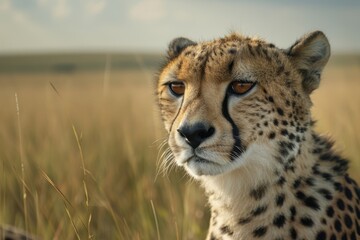 A close-up portrait of a cheetah in its natural savanna habitat. The cheetah is looking directly at the camera, with a serious expression