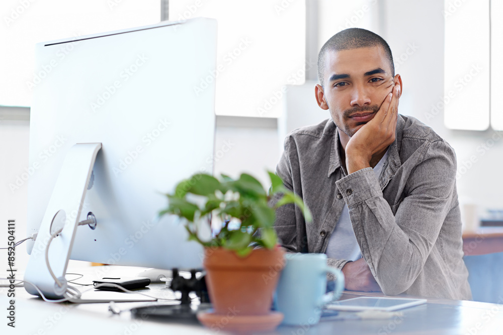 Poster Thinking, portrait or man on computer for problem solving, solution or online firewall troubleshooting. Startup, cybersecurity upgrade or web developer typing for information technology or pc system