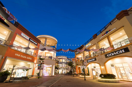 Kaohsiung, Taiwan- June 14, 2024: Night view of SKM Park Outlets Kaohsiung, Taiwan. It is a brand-new type of compound lifestyle outlet of Shin Kong Mitsukoshi.