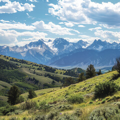 Naklejka premium Majestic Peaks: Snow-Capped Ranges and Rolling Hills