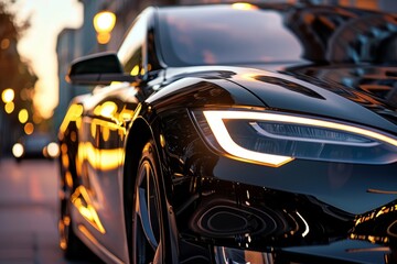 A close-up shot of an electric vehicles headlight, illuminated against a backdrop of city lights at dusk