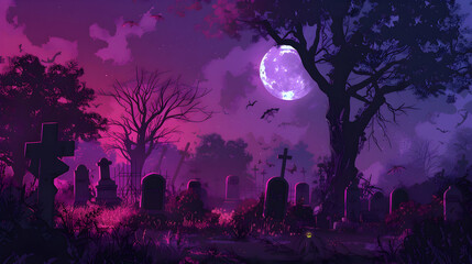 Spooky Graveyard Illustration with Full Moon and Flying Bats