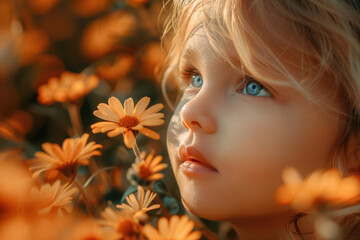 A child discovering a yellow blooming flower in a park, engaging with the signs of spring for the first time