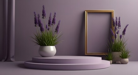 Lavender podium flower background purple product nature platform stand summer 3d table. Cosmetic podium lilac abstract field studio beauty flower spring lavender floral display plant backdrop crystal.