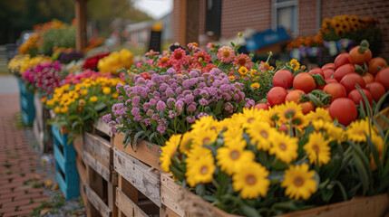 Naklejka premium Capture a scene of a farmer's market with stalls full of fresh spring produce, engaging with the signs of spring for the first time