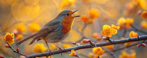 Obraz premium Close-up of a bird singing on a tree branch, engaging with the signs of spring for the first time