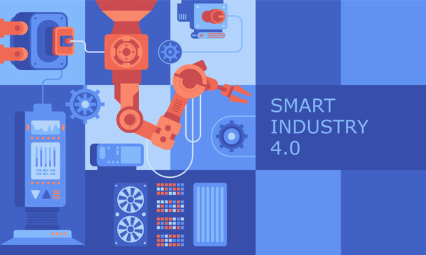 Industry abstract background. Robotic arms and machine tools of automated factory flat color design. Digitization of manufacture with AI technology creative cartoon collage. Vector illustration