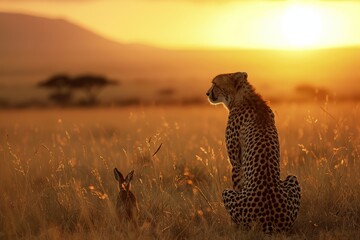 A cheetah sits in the tall grass of the savanna, watching a group of jackrabbits as the sun sets...