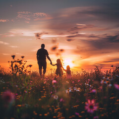 Fototapeta premium Father with daughter and son walk in a meadow at sunset
