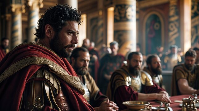 King in medieval attire leading a council meeting at a round table