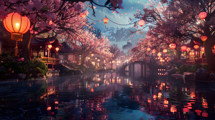 Naklejka premium Digital Painting of a Tranquil Asian Village with Cherry Blossoms and Lanterns