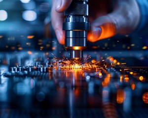 Close-up of precision CNC machining with sparks flying, showcasing advanced technology and industrial craftsmanship.