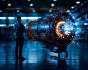Engineer examining a high-tech jet engine with glowing digital interface in a futuristic factory setting