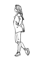 Young woman standing with arms akimbo with one foot on the toe like a dancer, Side view, Vector sketch, Hand drawn illustration