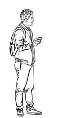 Young man is standing and smiling, with mobile phone in his hand, Hand drawn illustration, Vector sketch
