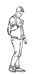 Young man taking photo with his smartphone, Hand drawn illustration, Vector sketch