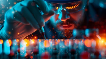 Focused scientist conducting a precise laboratory experiment with advanced equipment under dramatic lighting.